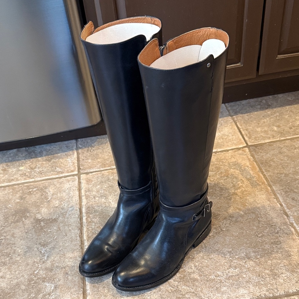 Frye Jordan Black Strap Tall Leather Boots Size 10